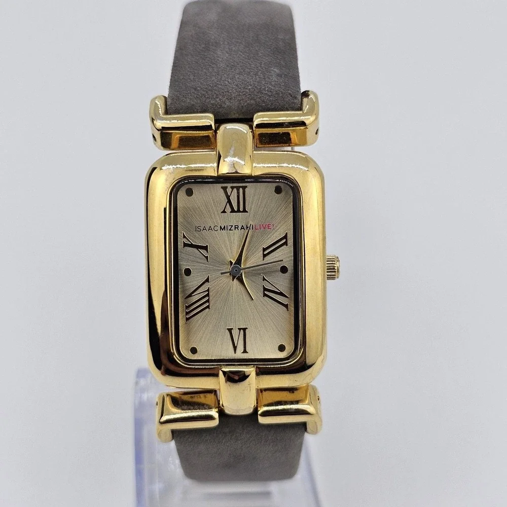 Issac Mizrahi Live Watch Women 24MM Gold Dial Gray Leather Bands New Battery